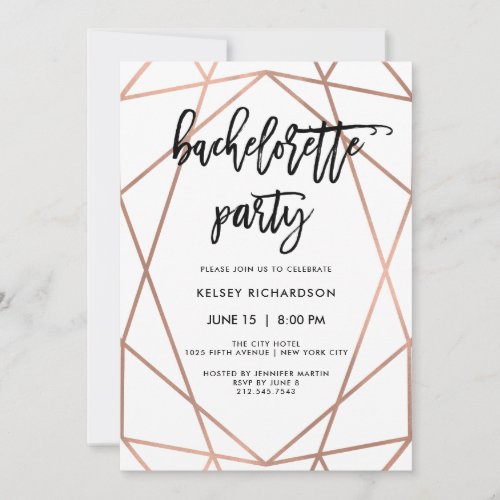 Bachelorette Party  Faux Rose Gold Geometric Invitation