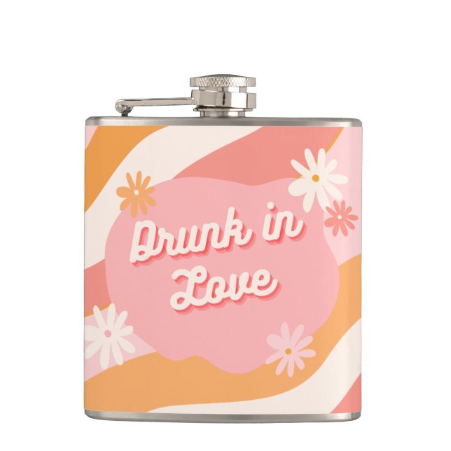 Bachelorette Party Favor Retro Pink Drunk in Love Flask (Front)