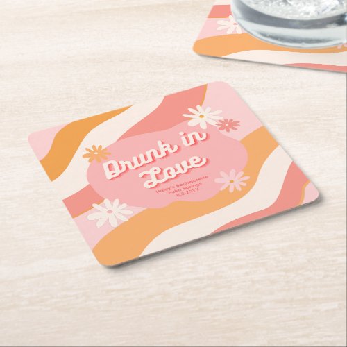 Bachelorette Party Favor Retro Pink Drunk in Love Square Paper Coaster