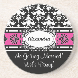 Bachelorette Party Favors Pink and Black Damask Sandstone Coaster