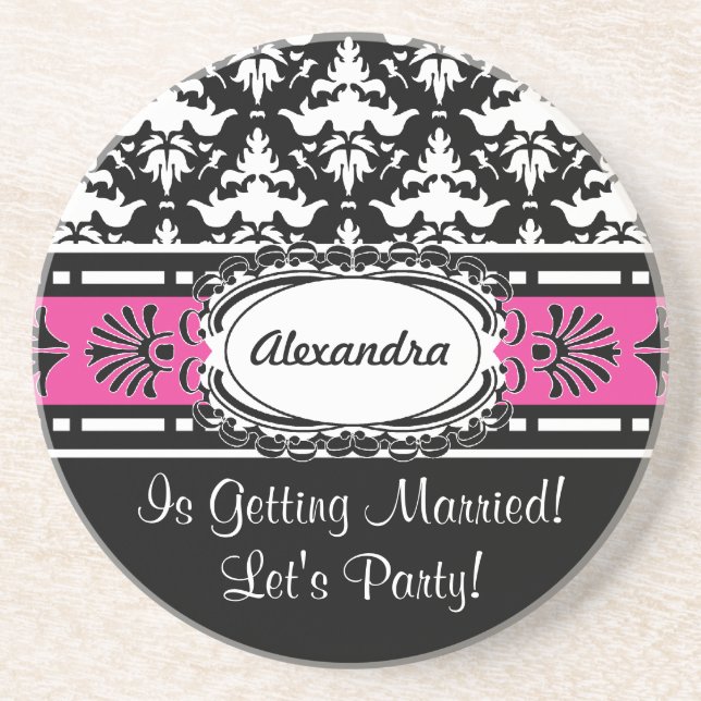 Bachelorette Party Favors Pink and Black Damask Sandstone Coaster (Front)