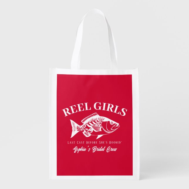 Bachelorette Party Fisherman Style Cherry Red Grocery Bag (Front)