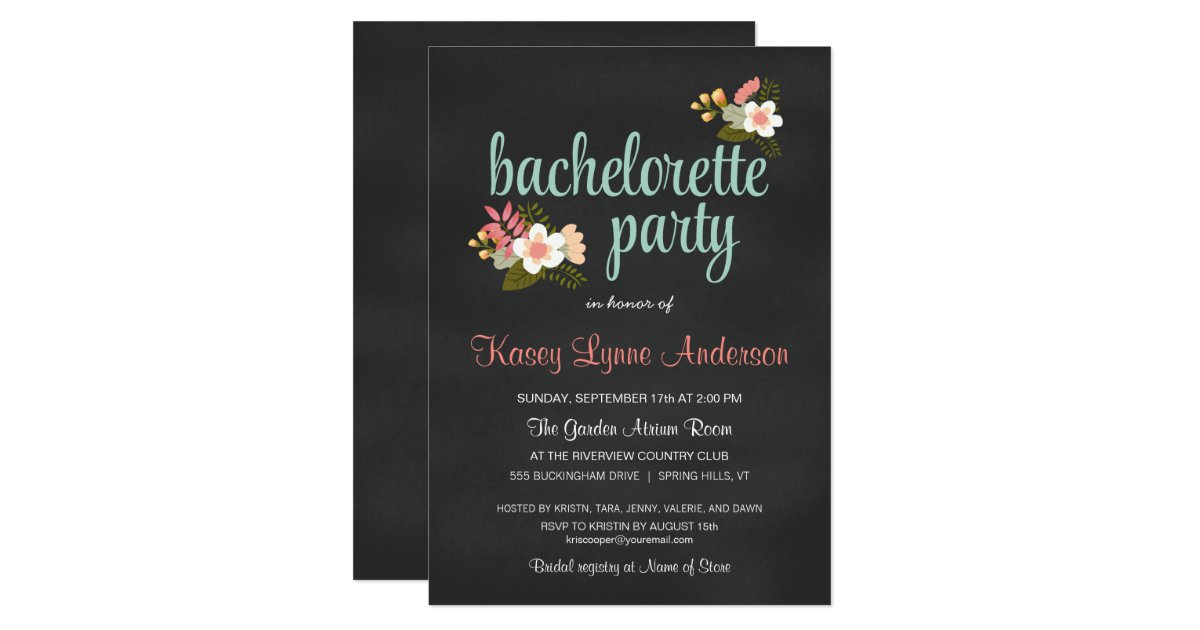Bachelorette Party Floral Chalkboard Invitations | Zazzle