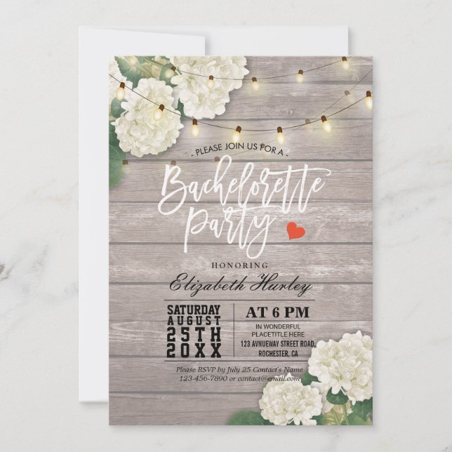 Bachelorette Party Flower String Light Rustic Wood Invitation (Front)