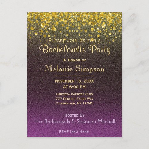 Bachelorette Party  Gold and Purple Postcard