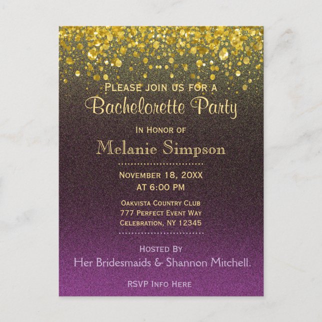 Bachelorette Party | Gold and Purple Postcard (Front)