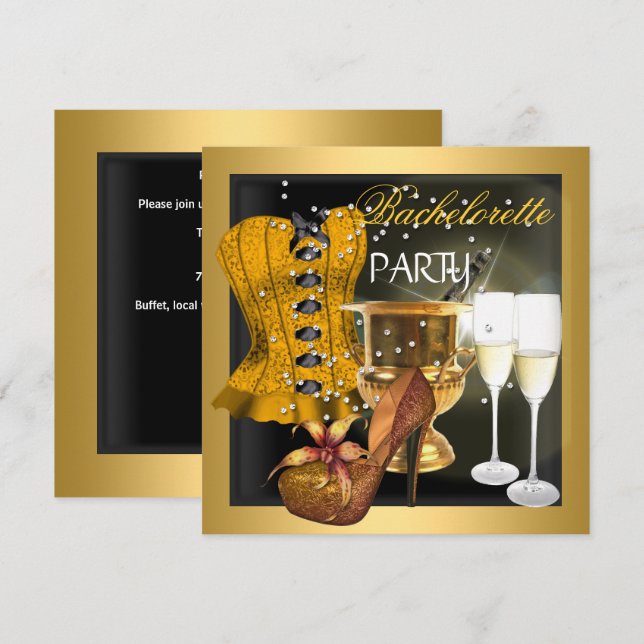 Bachelorette Party Gold Black Corset Shoes Invitation (Front/Back)