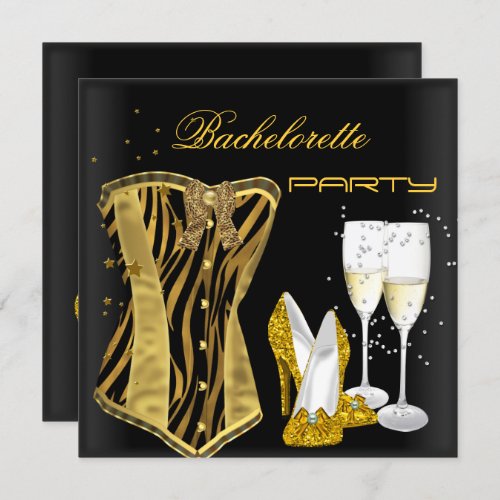 Bachelorette Party Gold Black Corset Zebra Shoes Invitation