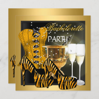 Bachelorette Party Gold Black Corset Zebra Shoes Invitation