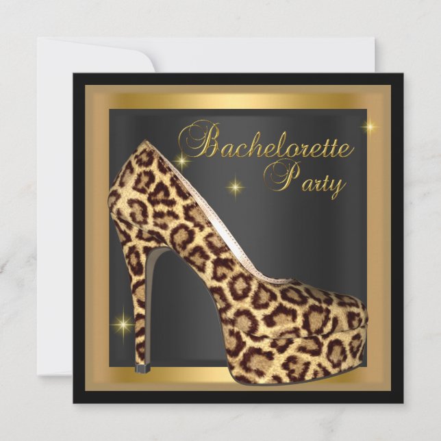 Bachelorette Party Gold Black Leopard Hi Heel Shoe Invitation (Front)