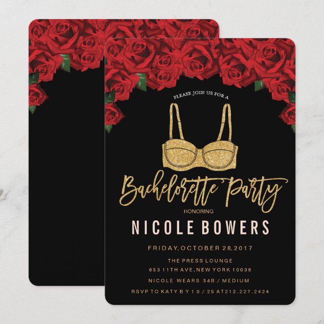 Bachelorette Party Gold Bra Red Roses Invitation (Front/Back)