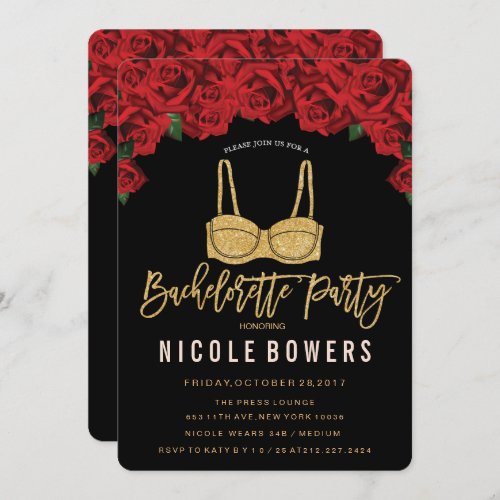 Bachelorette Party Gold Bra Red Roses Invitation