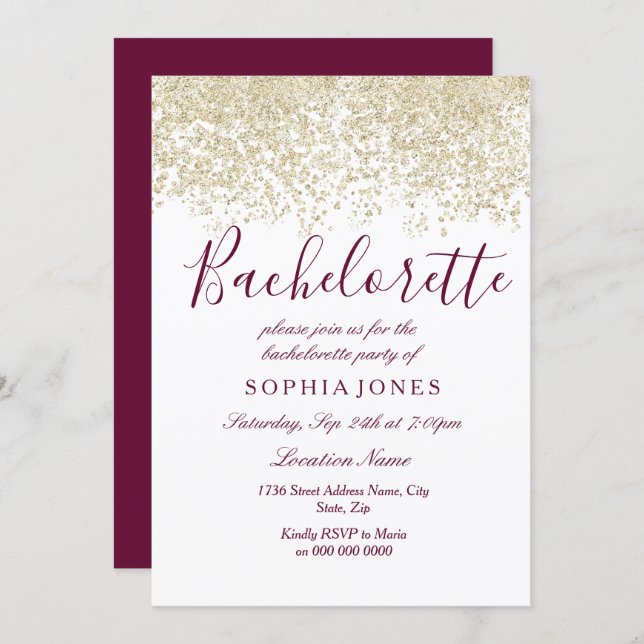 Bachelorette Party Gold Glitter Burgundy Invite (Front/Back)
