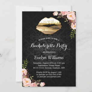 Bachelorette Party Gold Lips Damask Blush Floral Invitation