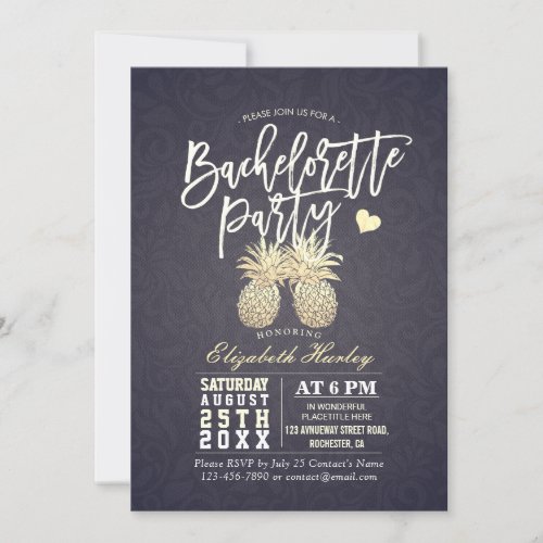 Bachelorette Party Gold Pineapple Couple Navy Blue Invitation