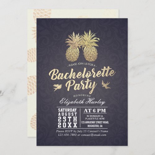 Bachelorette Party Gold Pineapple Couple Navy Blue Invitation