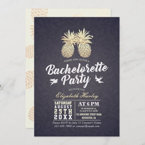 Bachelorette Party Gold Pineapple Couple Navy Blue Invitation