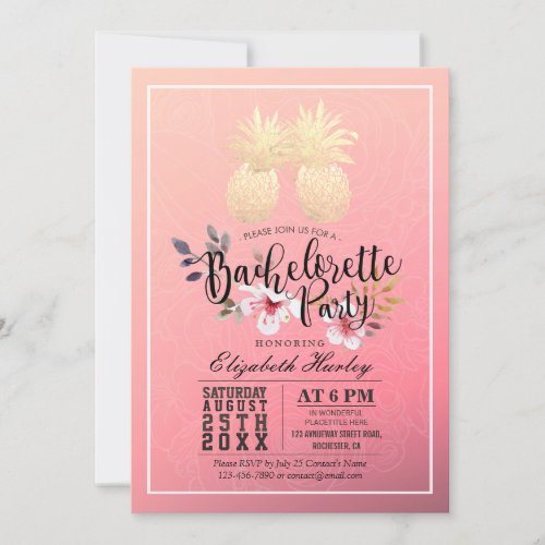 Bachelorette Party Gold Pineapple Couple Pink Rose Invitation