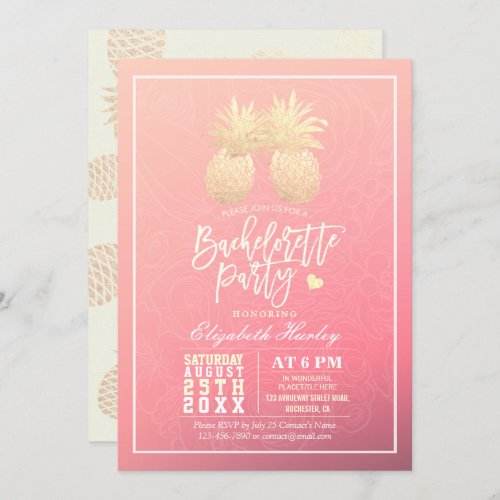 Bachelorette Party Gold Pineapple Couple Pink Rose Invitation