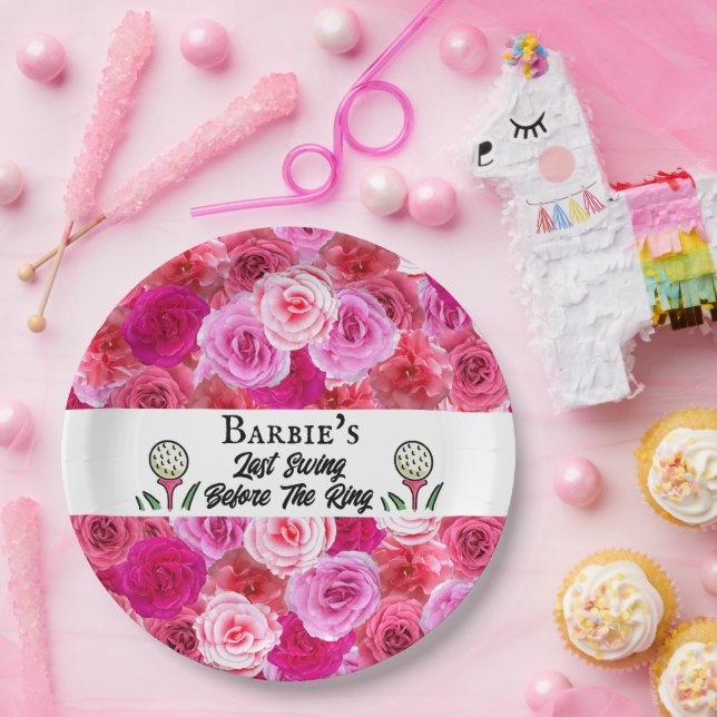Bachelorette Party Golf Pink Floral Personalized Paper Plates (Party)