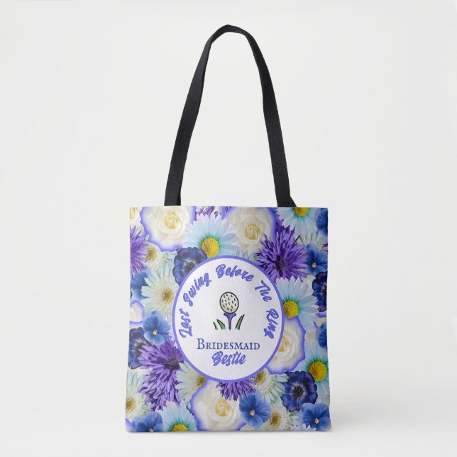 Bachelorette Party Golfing Blue and White Flowers Tote Bag (Front)