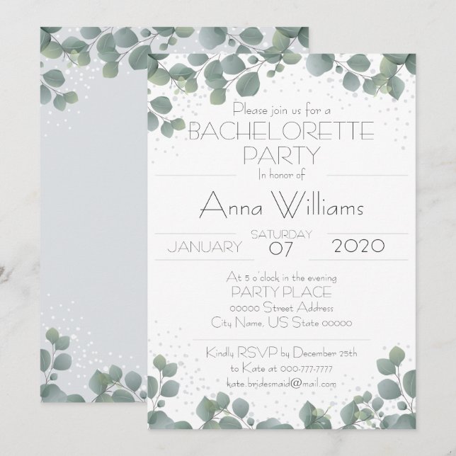 BACHELORETTE PARTY Green Eucalyptus Boho Modern Invitation (Front/Back)