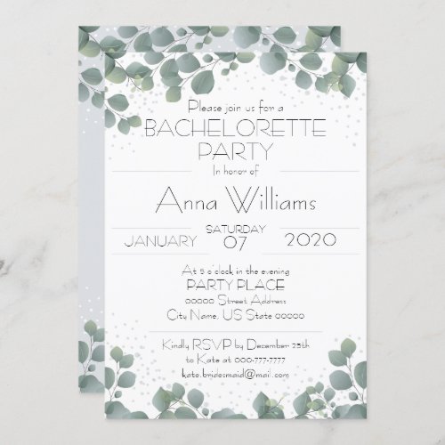 BACHELORETTE PARTY Green Eucalyptus Boho Modern Invitation