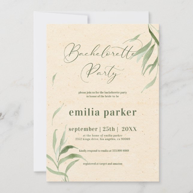 Bachelorette Party, Green Foliage Beige Paper Invitation (Front)