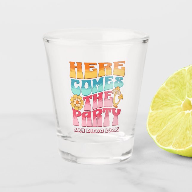 Bachelorette Party Groovy Retro Wavy Bridesmaid Shot Glass (Front)