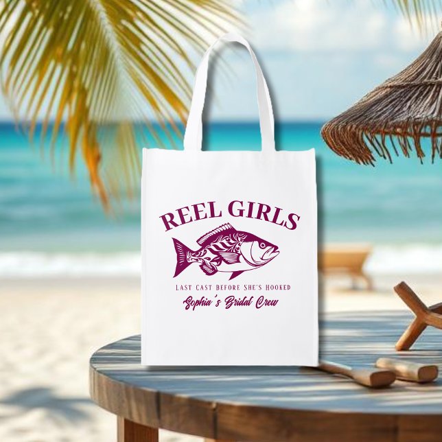 Bachelorette Party Hawaiian Grocery Bag (Bachelorette Party Gifts Reel Girls Hawaiian Fisherman Trend Fish Tote Bag Wine Color)