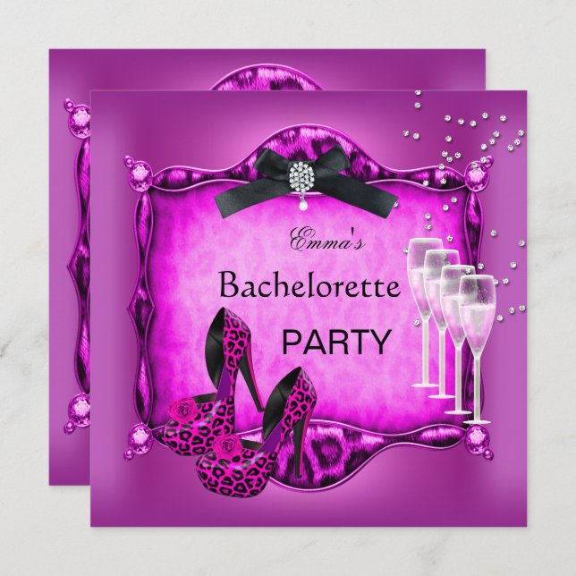 Bachelorette Party Hot Pink Leopard Black Shoes 2 Invitation (Front/Back)