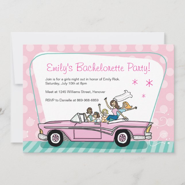Bachelorette Party Invitations with Pink Cadillac (Front)