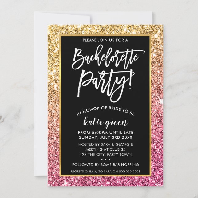 BACHELORETTE PARTY INVITE glam gold pink glitter (Front)