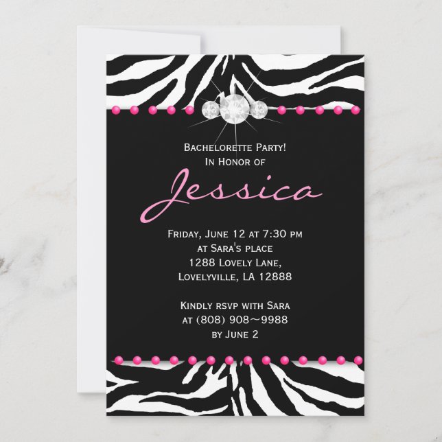 Bachelorette Party Invite Zebra Pink Jewelry 8 (Front)