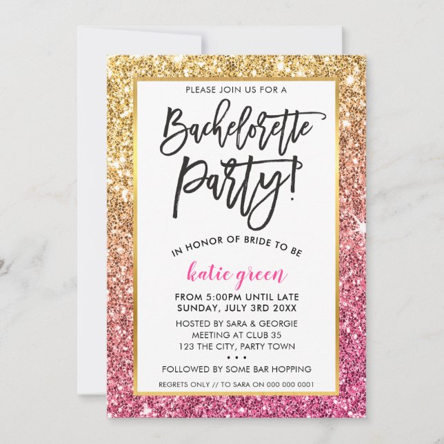 BACHELORETTE PARTY INVITES glam gold pink glitter (Front)