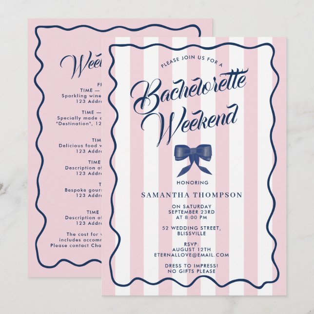 Bachelorette Party Itinerary Bach Weekend Bow Pink Invitation (Front/Back)