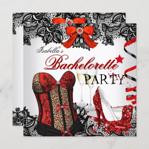 Bachelorette Party Lace Red Corset Champagne Invitation