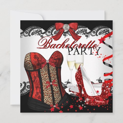 Bachelorette Party Lace Red Corset Champagne Invitation