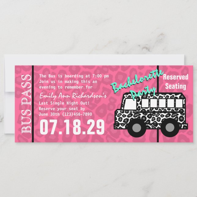 Bachelorette Party Leopard Bus Pass Invitation (Front)