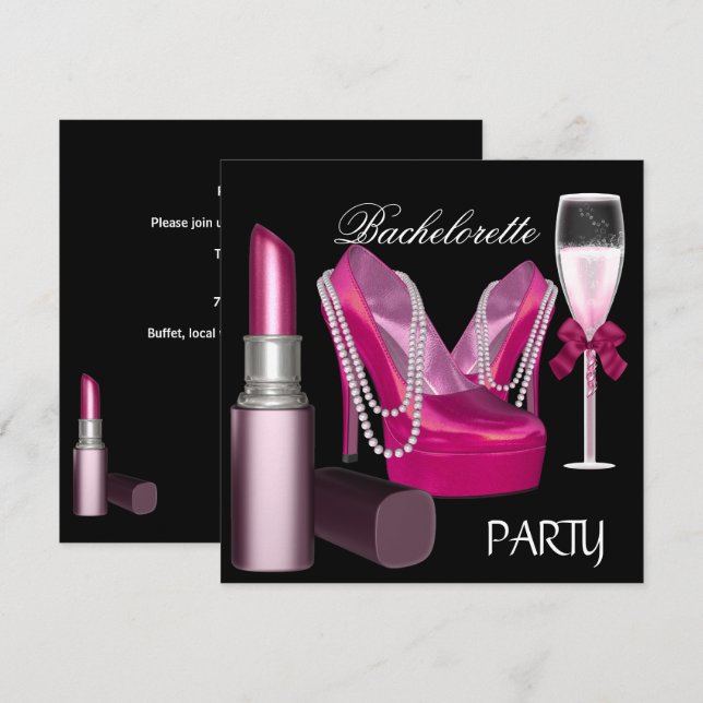 Bachelorette Party Lipstick Pink Shoes Champagne Invitation (Front/Back)