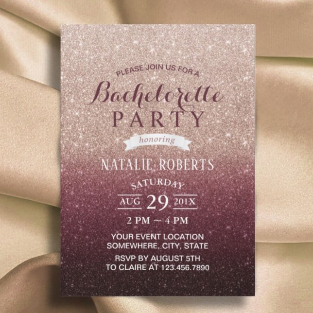 Bachelorette Party Modern Burgundy Rose Gold Ombre Invitation (Creator Uploaded)