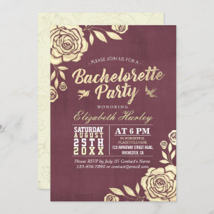 Bachelorette Party Modern Golden Rose Burgundy Red Invitation