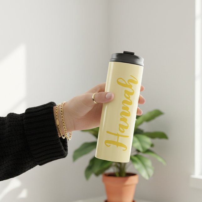 Bachelorette Party | Modern Script Bridesmaid Name Thermal Tumbler (Bachelorette Weekend Custom Matching Yellow Tumblers for the Bride Tribe)