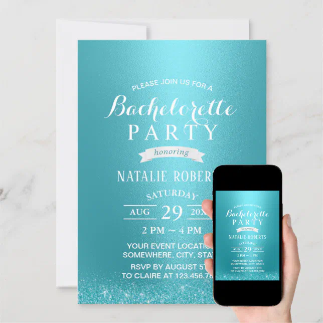 Bachelorette Party Modern Turquoise Glitter Invitation Zazzle 6665