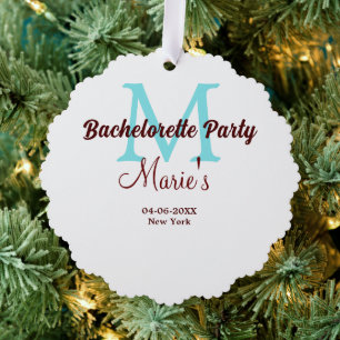 bachelorette party monogram add name date place si ornament card