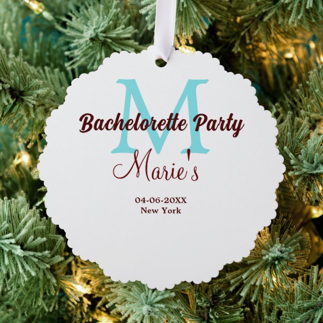 bachelorette party monogram add name date place si ornament card (Insitu (Tree))