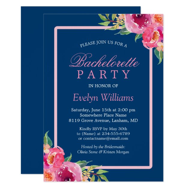 Bachelorette Party Navy Blue Purple Pink Floral Invitation