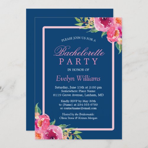 Bachelorette Party Navy Blue Purple Pink Floral Invitation