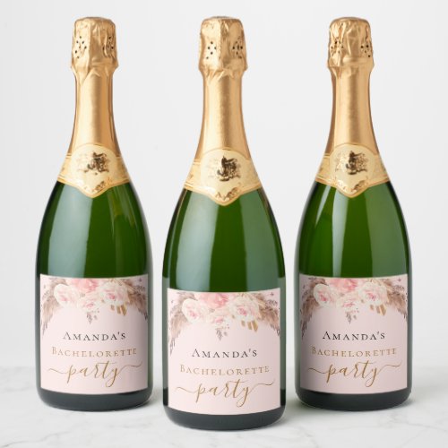 Bachelorette party pampas grass blush rose floral sparkling wine label