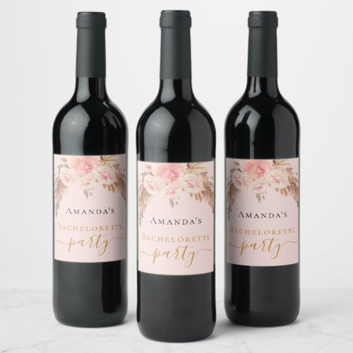 Bachelorette party pampas grass blush rose floral wine label